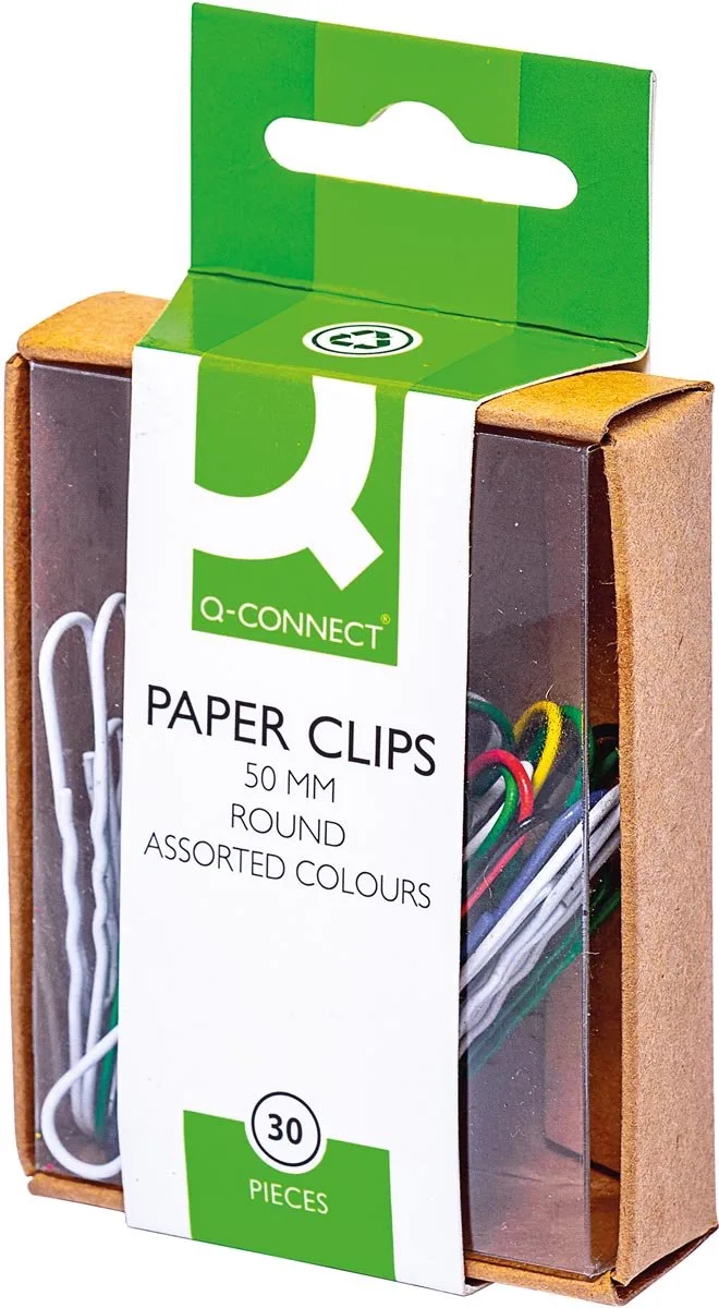 papierklemmen, 50 mm, gekleurd, doos van 30 stuks, ophangbaar 10 stuks by Q-Connect in Assortiment aan kleuren – product photo