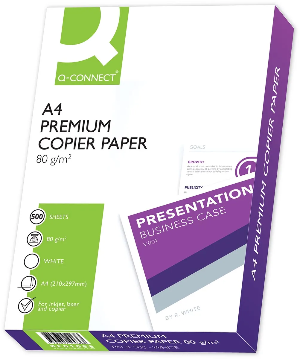 Premium kopieerpapier, ft A4, 80 g, pak van 500 vel, wit by Q-Connect – product photo