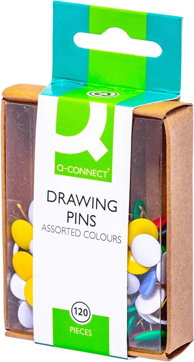 punaises, geassorteerde kleuren, 10 doosjes van 120 stuks by Q-Connect in Assortiment aan kleuren – product photo