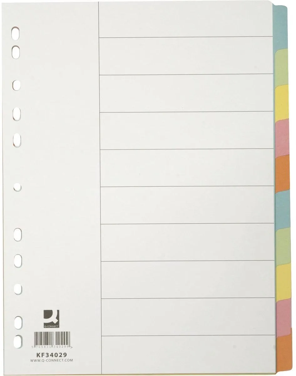 tabbladen | A4 | karton | 11-gaatsperforatie | 10 tabs | geassorteerde kleuren by Q-Connect in Blue – product photo