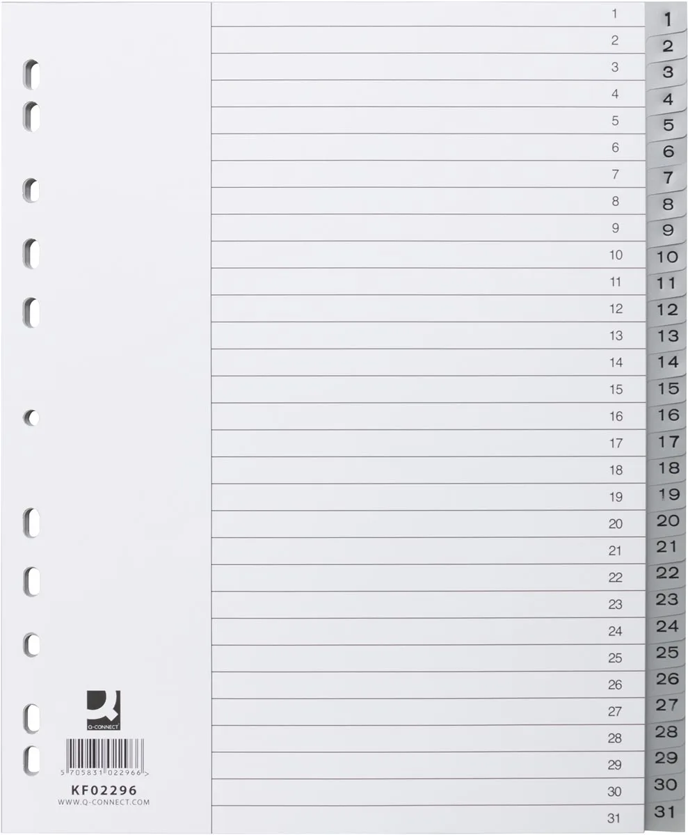 tabbladen, A4, PP, 11-gaatspeforatie, met indexblad, set van 1-31, 31 tabs, grijs by Q-Connect – product photo
