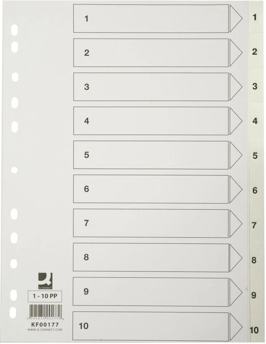 tabbladen, A4, PP, 11-gaatsperforatie,met indexblad, set van 1-10, wit von Q-Connect – Produktfoto