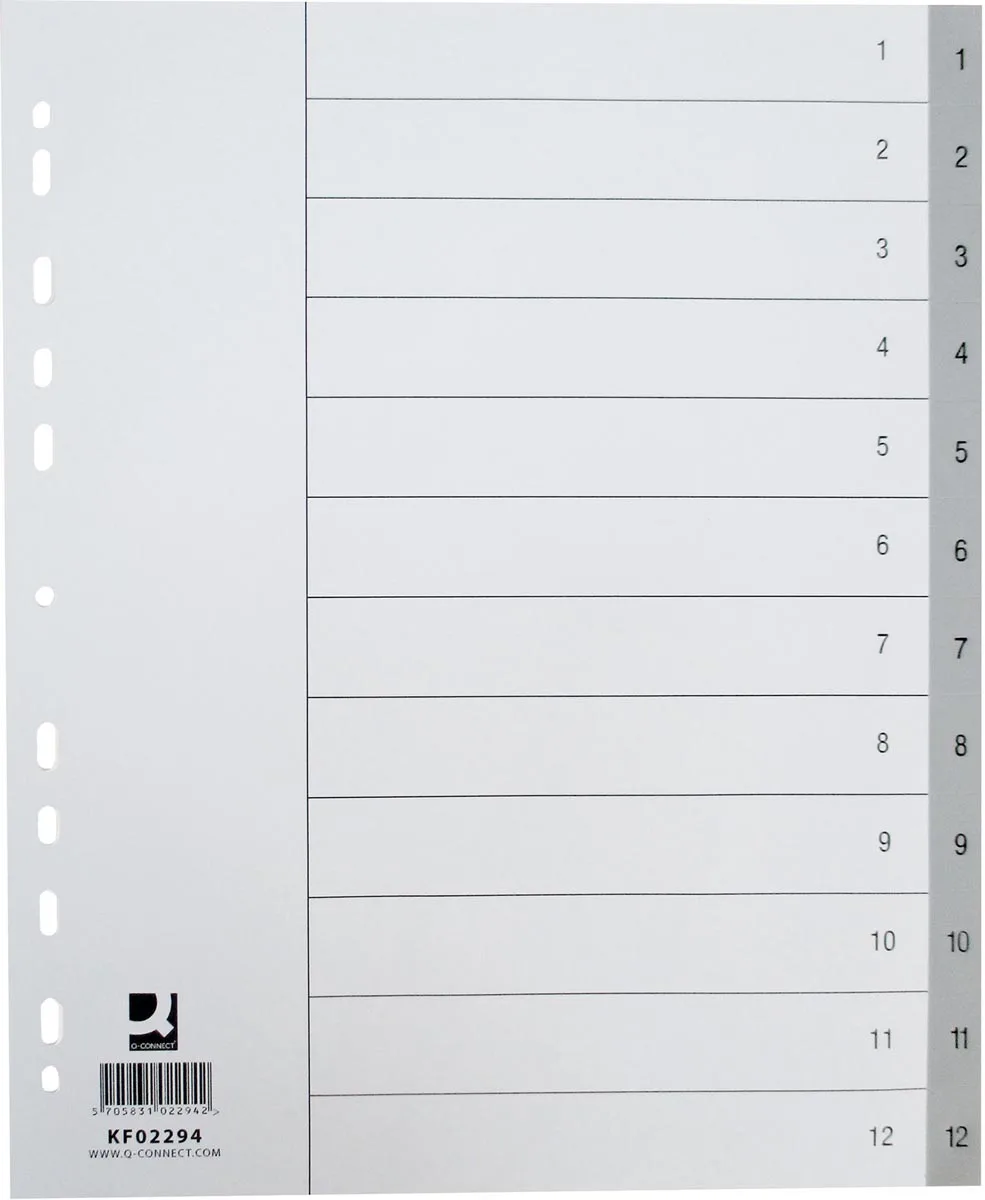 tabbladen, A4, PP, 11-gaatsperforatie, met indexblad, set van 1-12, 12 tabs, grijs van Q-Connect – productfoto
