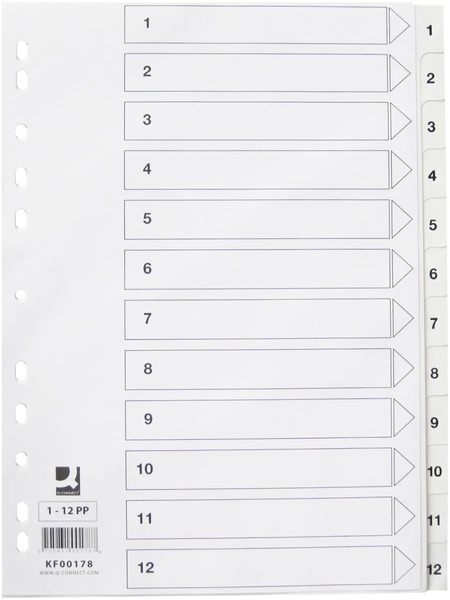 tabbladen, A4, PP, 11-gaatsperforatie, met indexblad, set van 1-12, wit von Q-Connect – Produktfoto