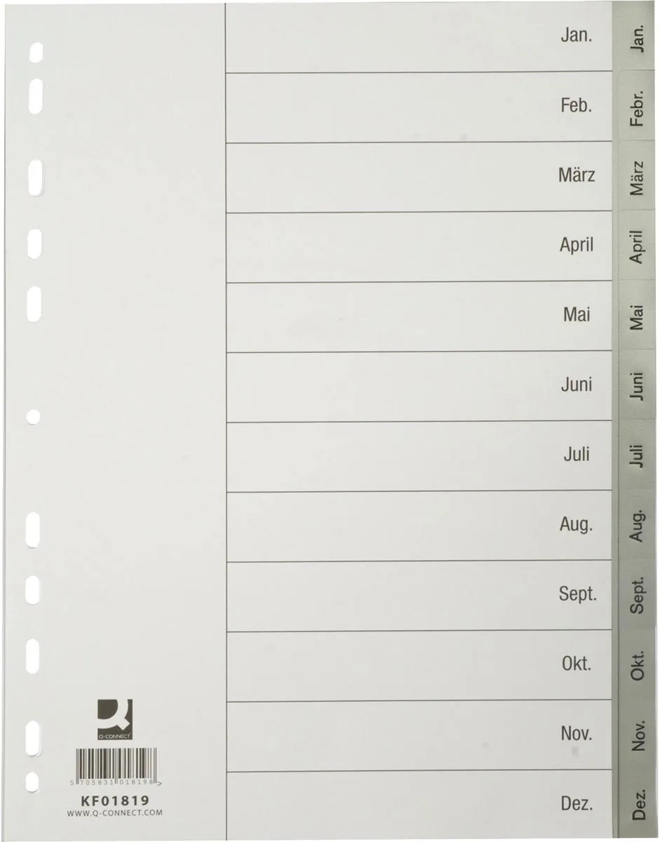 tabbladen, A4, PP, 11-gaatsperforatie, met indexblad, set van Jan-Dec, grijs by Q-Connect – product photo