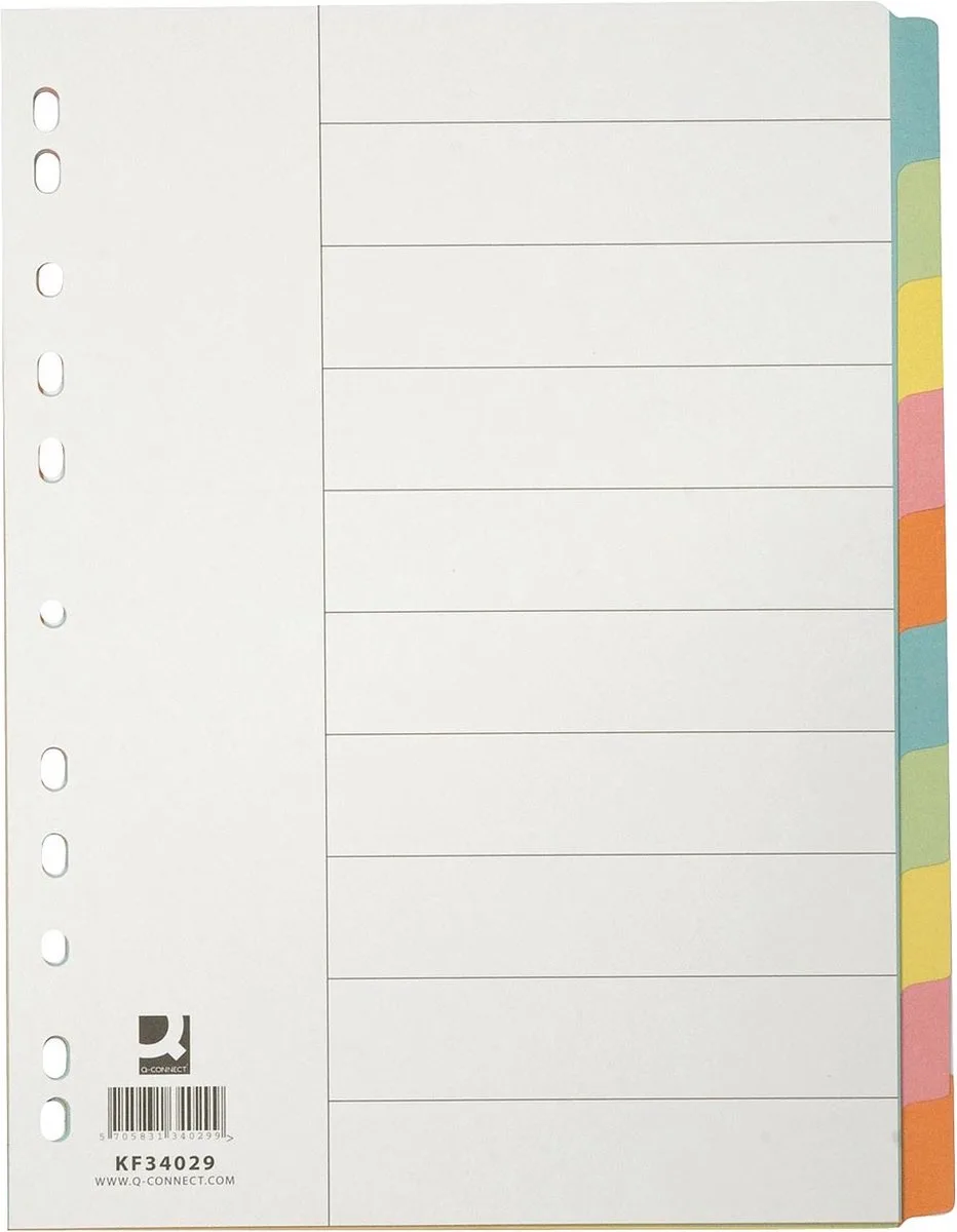 tabbladen, karton, 11-gaatsperforatie, 10 tabs, geassorteerde kleuren 25 stuks de Q-Connect en A4 – photo produit