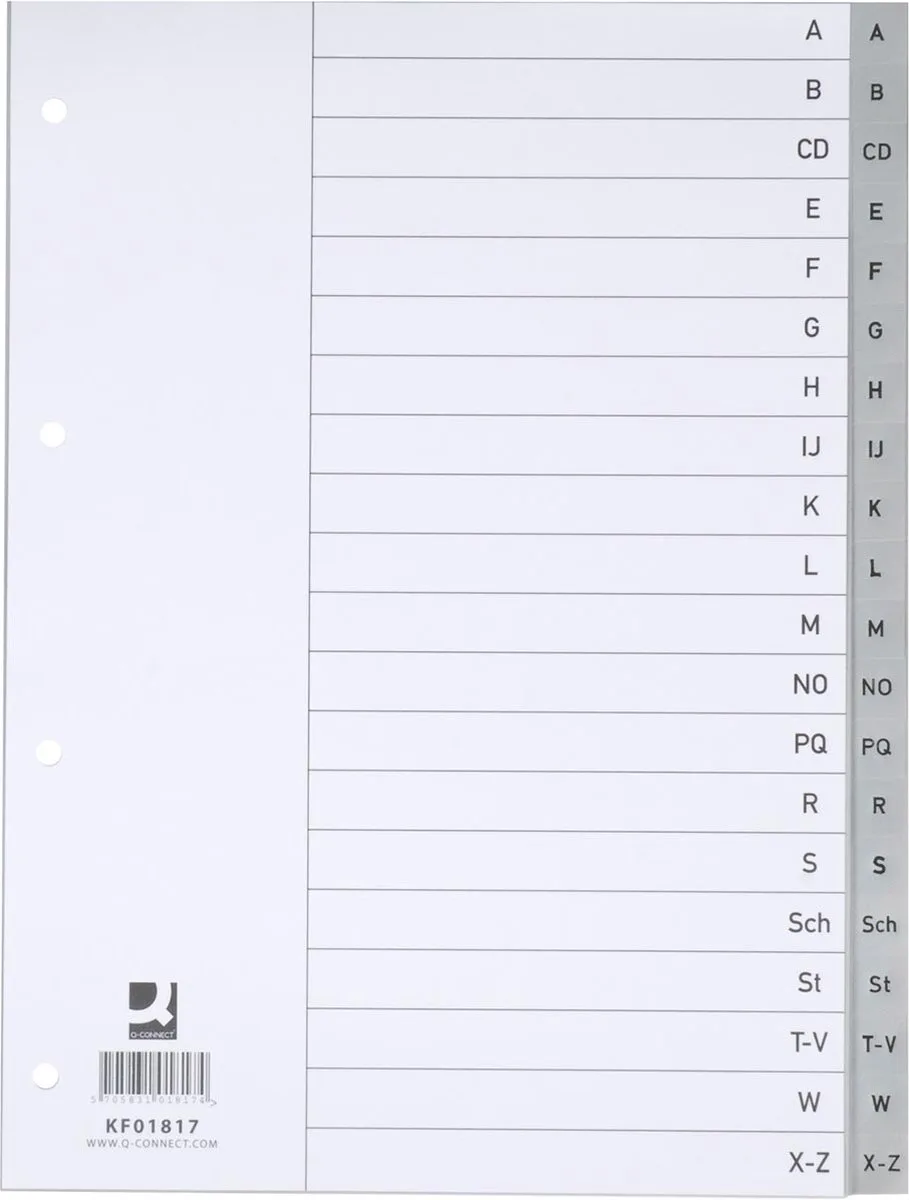 tabbladen, PP, 4-gaatsperforatie, met indexblad, set van A-Z, 20 tabs, grijs 25 stuks fra Q-Connect i A4 – produktbillede