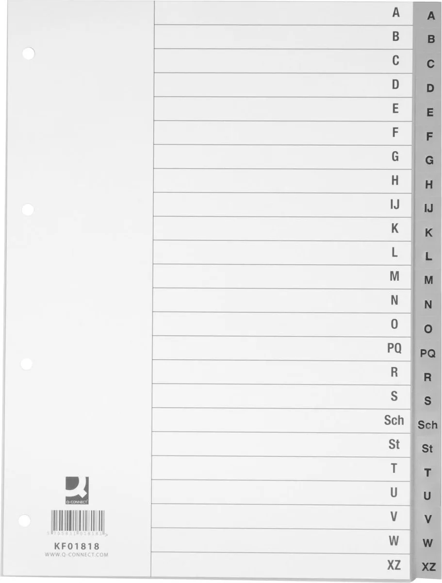 tabbladen, PP, 4-gaatsperforatie, met indexblad, set van A-Z, 24 tabs, grijs 25 stuks by Q-Connect in A4 – product photo