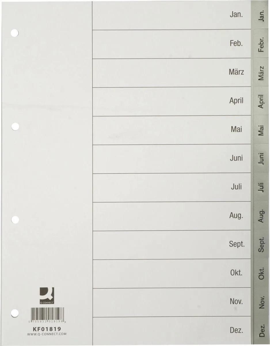 tabbladen, PP, 4-gaatsperforatie, met indexblad, set van Jan-Dec, grijs 25 stuks by Q-Connect in A4 – product photo