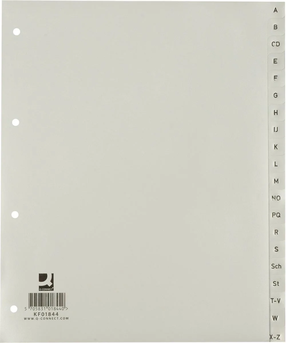 tabbladen, PP, 4-gaatsperforatie, set van A-Z, 20 tabs, grijs 25 stuks van Q-Connect in A4 – productfoto