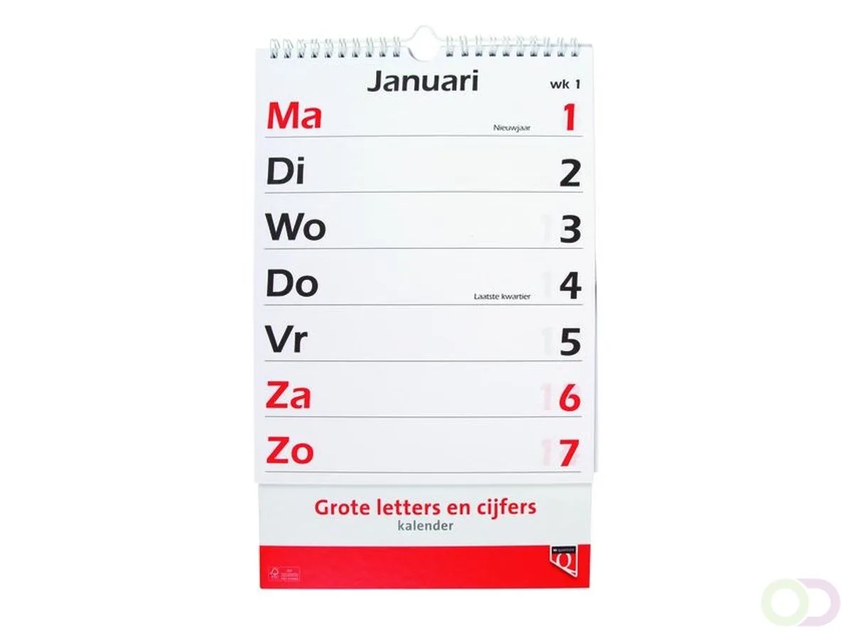 Kalender 2027 Quantore met grote letters en cijfers van Quantore in Rood – productfoto