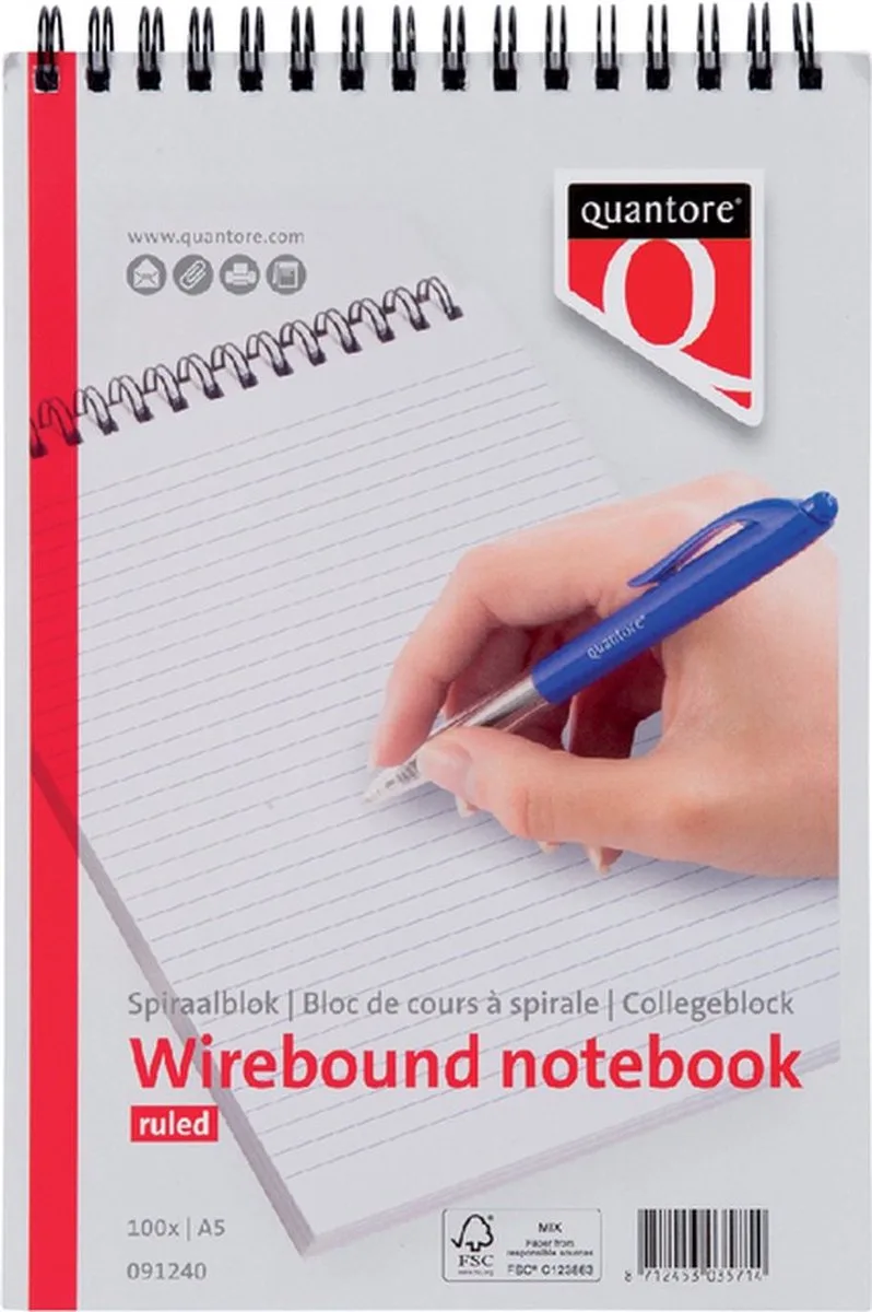 Spiraalblok quantore a5 lijn spiraal 200pag 70gr | 5 stuks by Quantore in Wit rood – product photo