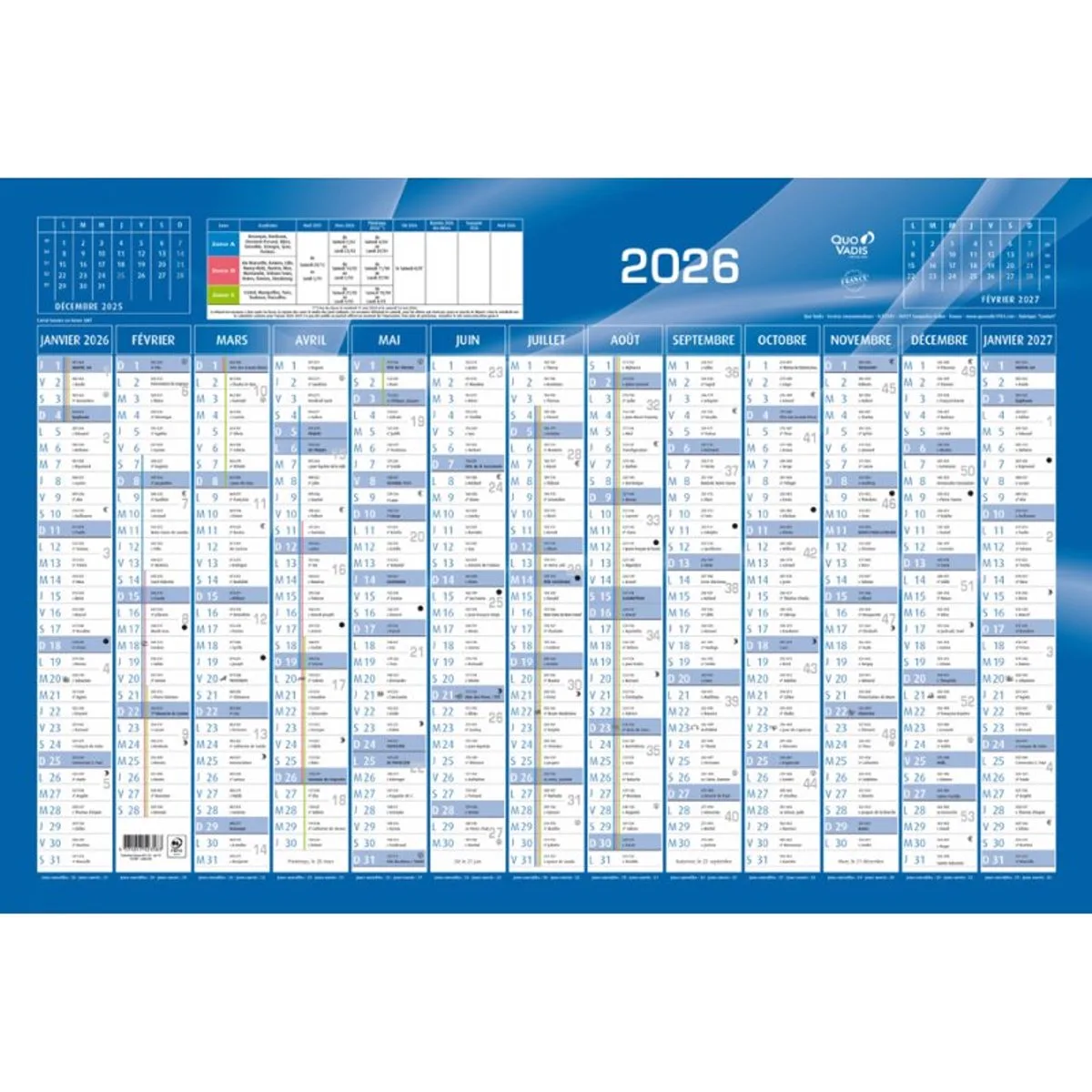 kalender 2026, horizontaal, 650×430 mm van Quo Vadis in Blauw – productfoto