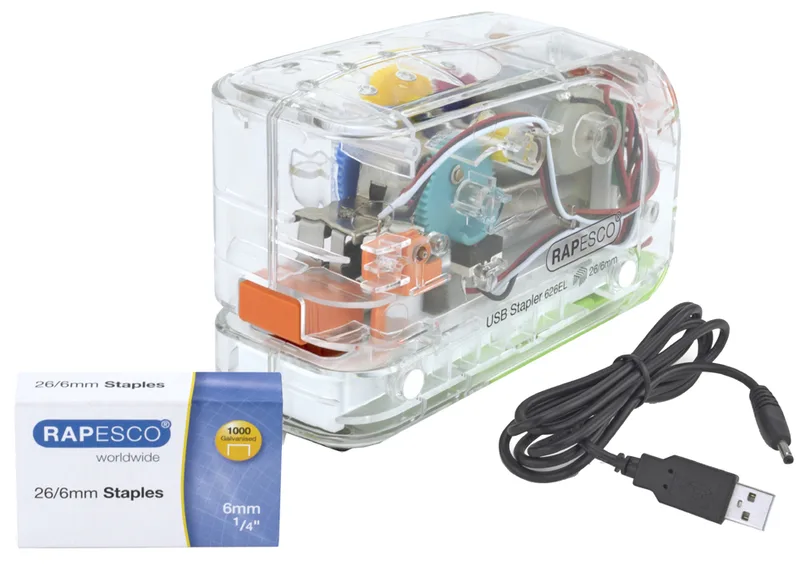 Elektrisches Heftgerät 626EL, transparent von Rapesco – Produktfoto