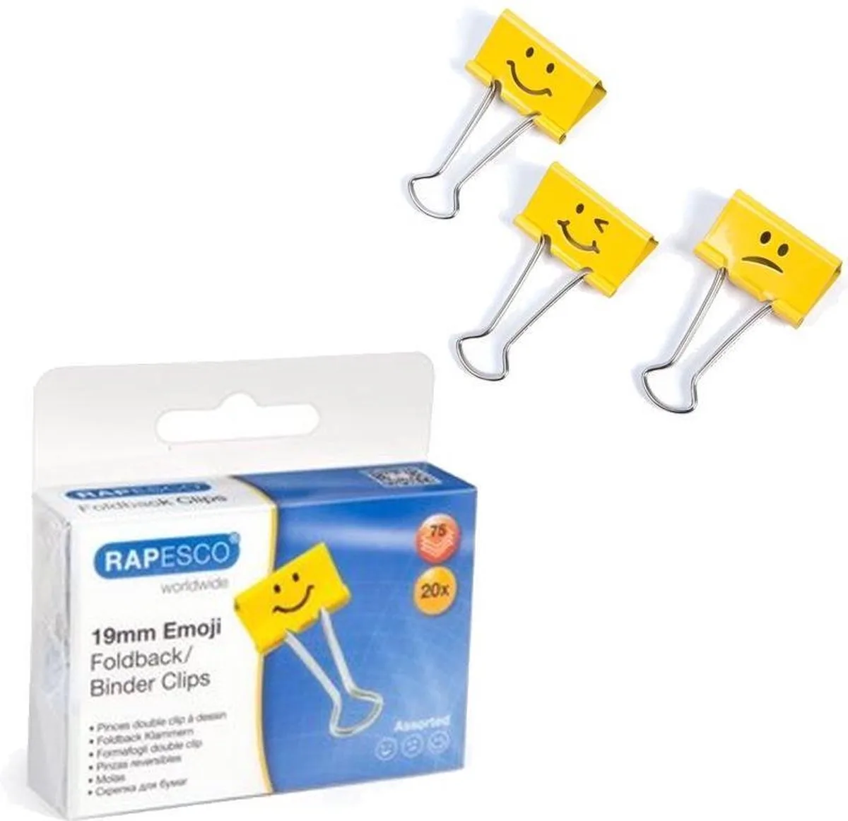 Foldback Clips - 19 mm Emoji 20 stuks de Rapesco en Jaune – photo produit