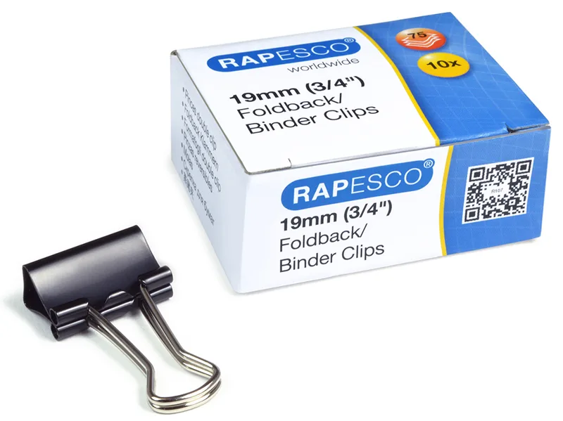 Foldback-Klammern, Breite: 19 mm, schwarz, 10 Stück von Rapesco – Produktfoto