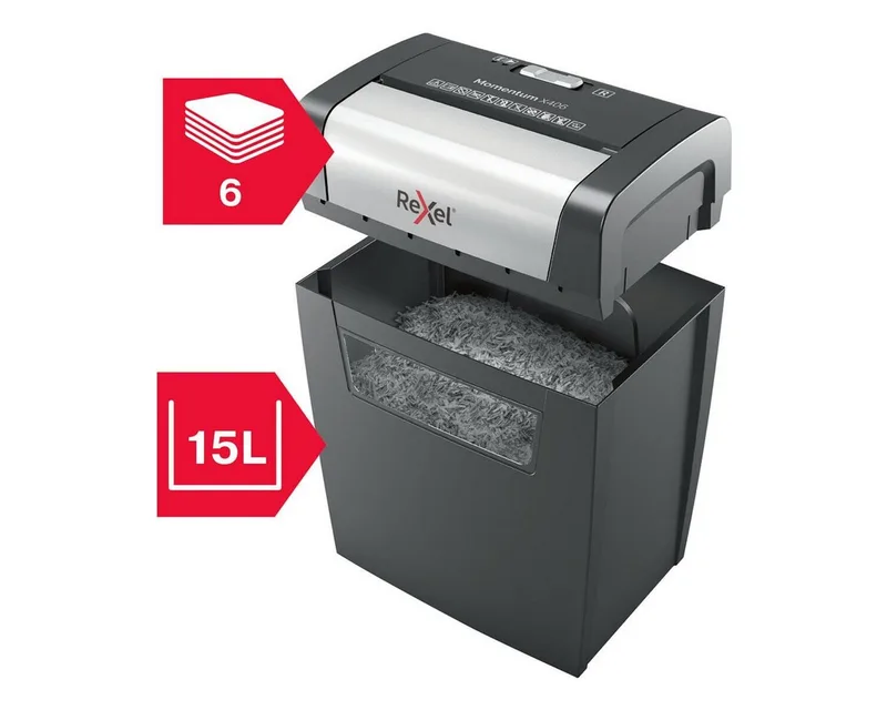 Aktenvernichter Momentum X406, Partikelschnitt 4x28 mm, Einzelblatt-Einzug, 15 Liter by Rexel in Black – product photo
