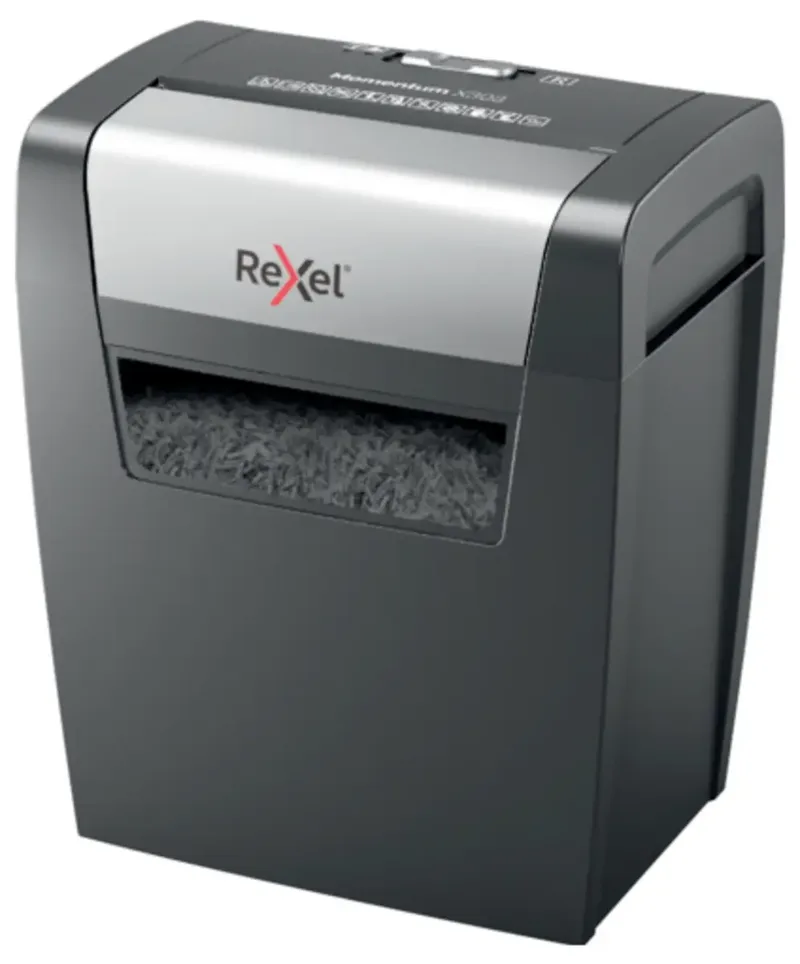 Momentum X308 Aktenvernichter 8 Blatt Partikelschnitt 5 x 42 mm P-3 15 l Vernichtet auch Heftklammern, Büroklammern van Rexel – productfoto