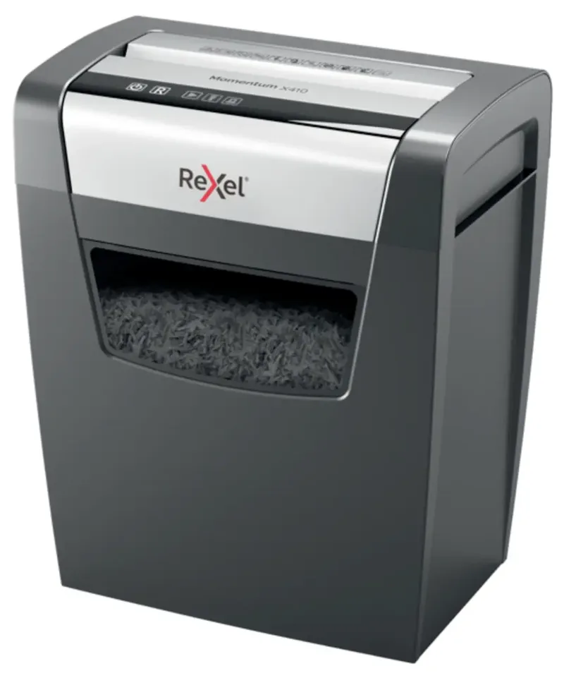 Momentum X410 Aktenvernichter 10 Blatt Mikroschnitt 4 x 28 mm P-4 23 l Vernichtet auch Heftklammern, Büroklammern de Rexel – photo produit
