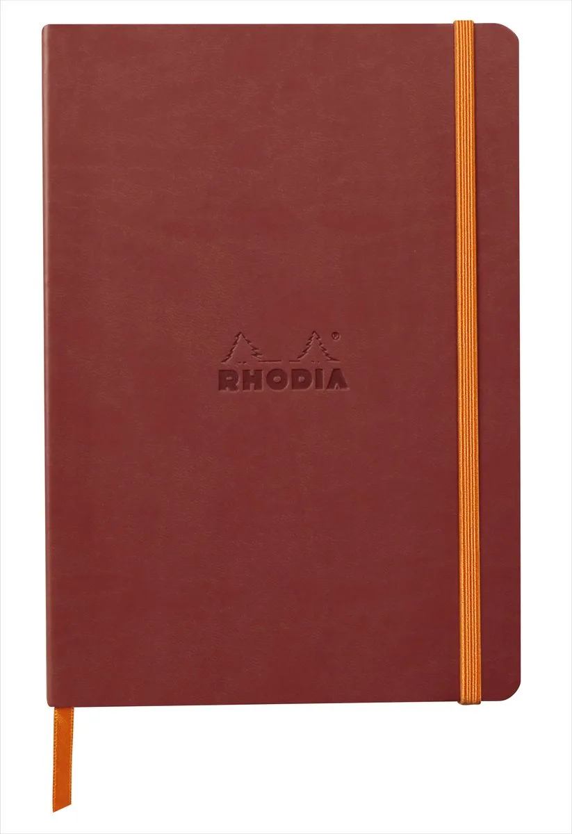 Softcover Notitieboek – A5 – 80 Bladen – Gelijnd – Ivoorkleurig Papier 90 g/m² – Met Elastieksluiting - Nacarat de Rhodia en Marron – photo produit