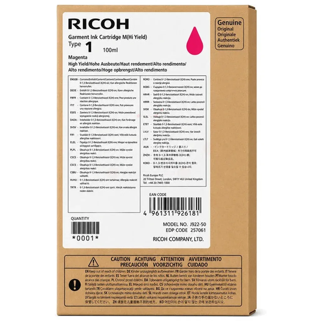 Imaging Kledingstuk 257061 Inktcartridge Met Hoge Capaciteit Type 1 van Ricoh – productfoto