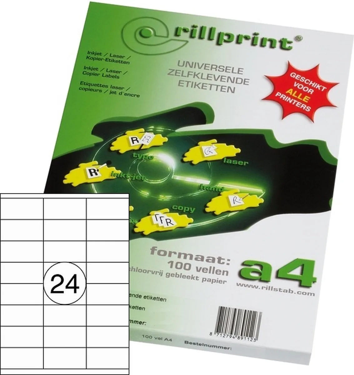 Etiketten Rillprint, 89137, 70x35mm, 24 op een vel van Rillprint in Wit – productfoto