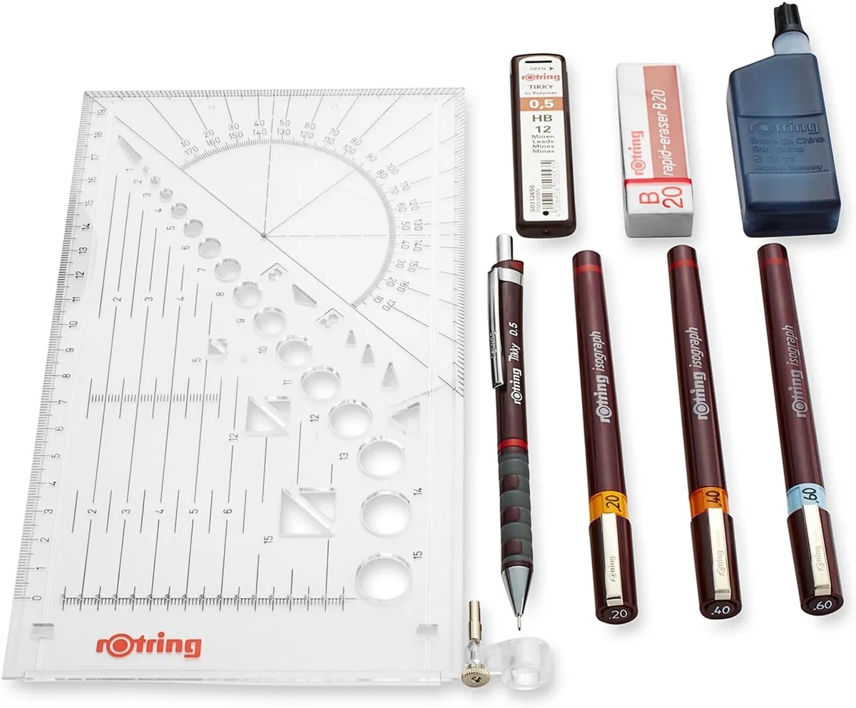 Isograph Fineliner & Potlood College Set - 3 Techn. Pennen & Potlood van rOtring – productfoto