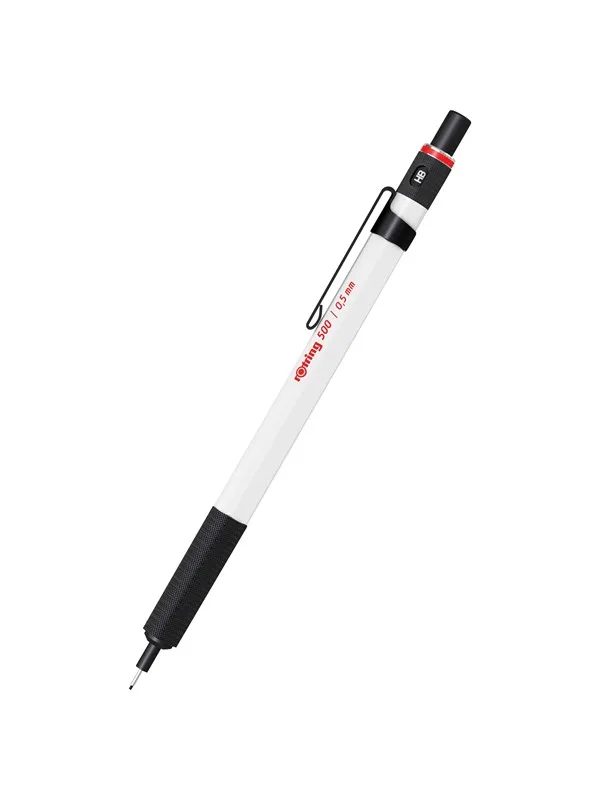 Rotring 500 Mechanical Pencil | 0.5mm HB Lead | White hexagonal plastic barrel and non-slip textured metal grip van rOtring – productfoto