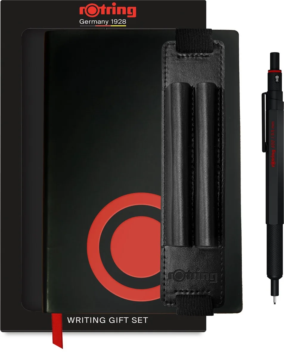 rOtring 600 vulpotlood geschenkset met kunstleren pennentasje en notitieboekje | Vulpotlood (0.5mm) met volledig metalen omhulsel | Antislip gekartelde greep en zeshoekige huls von rOtring in Schwarz – Produktfoto