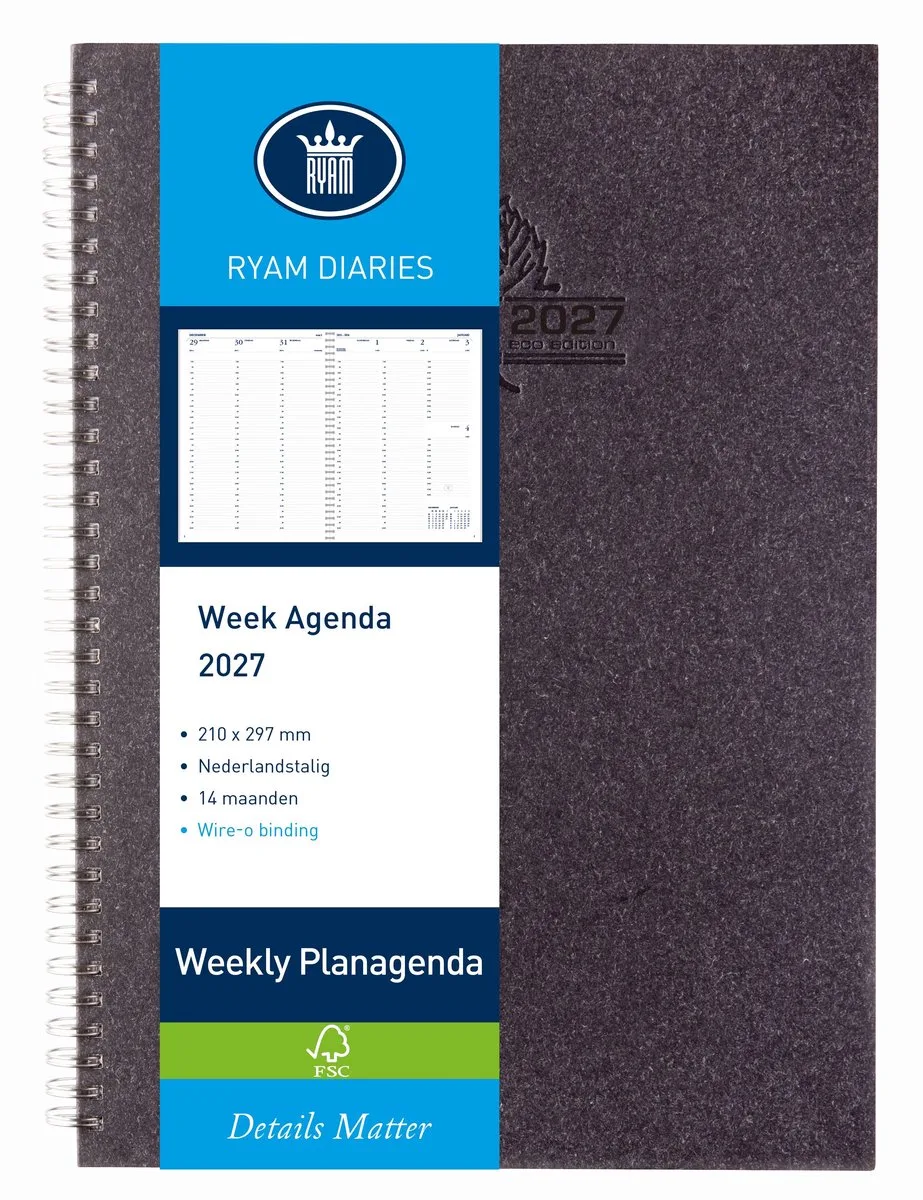Bureau agenda | Weekly Wire-O Wit NL Eco | 2027 | Spiraal | A4 | 14 mnd by Ryam in Black – product photo