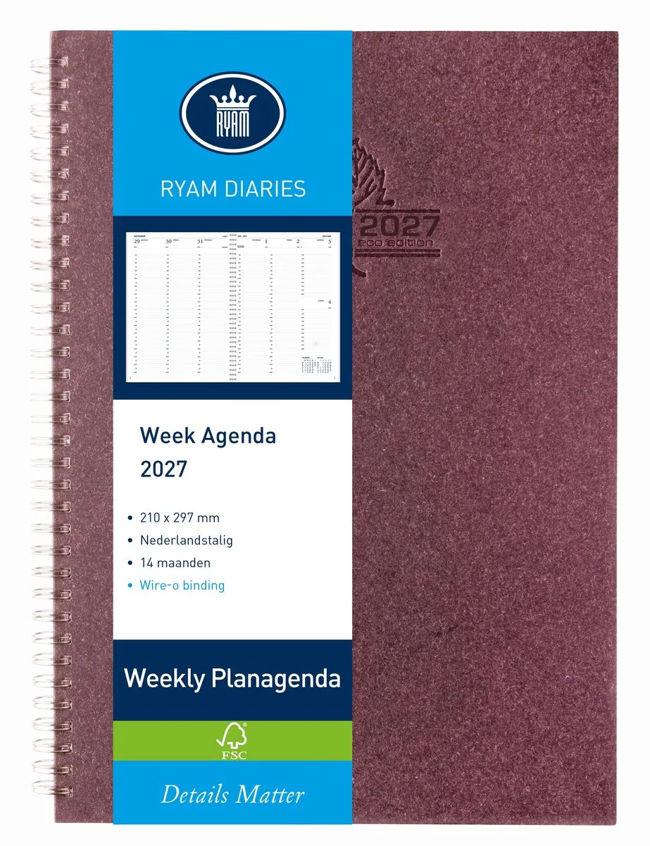 Bureau agenda | Weekly Wire-O Wit NL Eco | 2027 | Spiraal | A4 | 14 mnd de Ryam en Rouge – photo produit