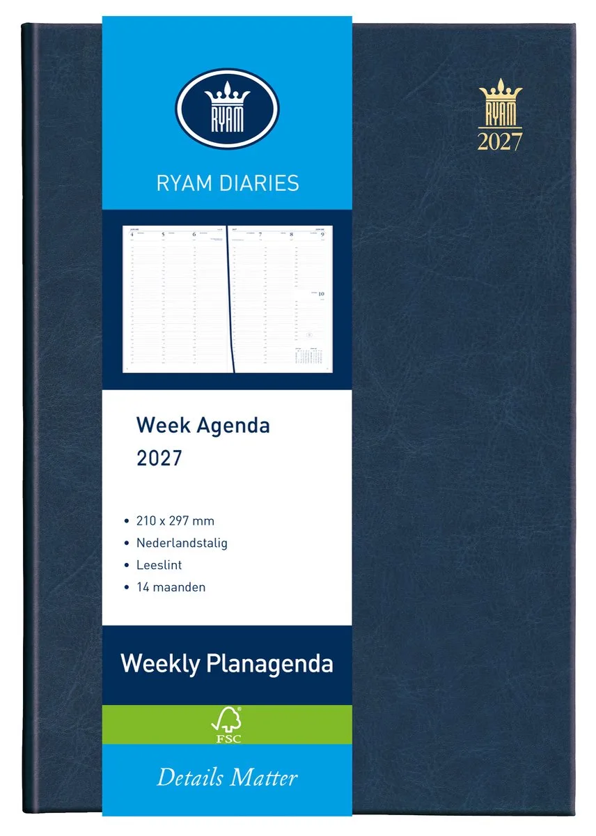 Bureau agenda | Weekly Wit NL Mundior | 2027 | Genaaid gebonden | A4 | 14 mnd de Ryam en Bleu – photo produit