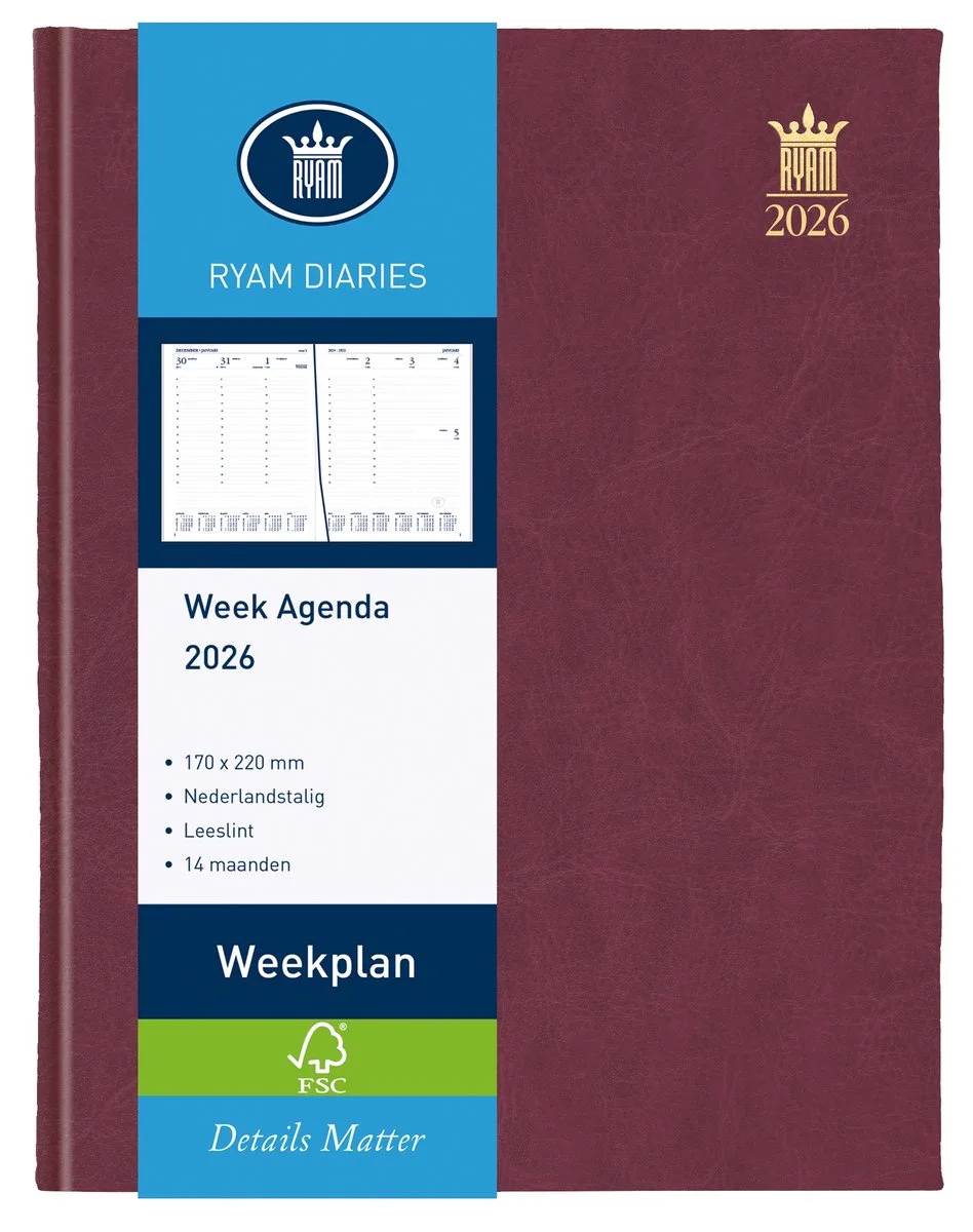 Bureau agenda | Weekplan Wit NL Mundior | 2026 | Genaaid gebonden | 170 x 220 mm | 14 mnd van Ryam in Bordeaux – productfoto