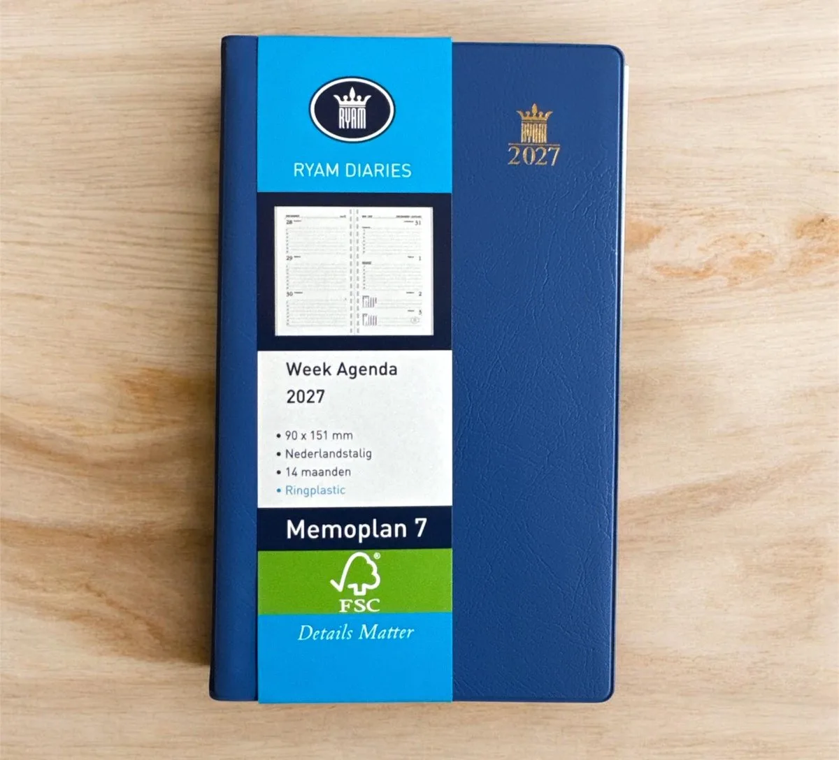 Zakagenda 2027 - Memoplan 7 - Zachte Kaft met Ringband en Alfabet (9cm x15cm) van Ryam in Blauw – productfoto
