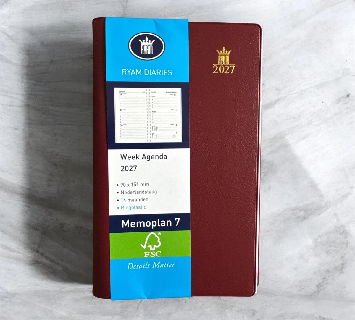 Zakagenda 2027 - Memoplan 7 - Zachte Kaft met Ringband en Alfabet (9cm x15cm) de Ryam en Bordeaux – photo produit