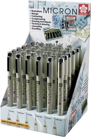 fineliner Pigma Micron zwart, display met 36 stuks met geassorteerde schrijfbreedtes by Sakura – product photo