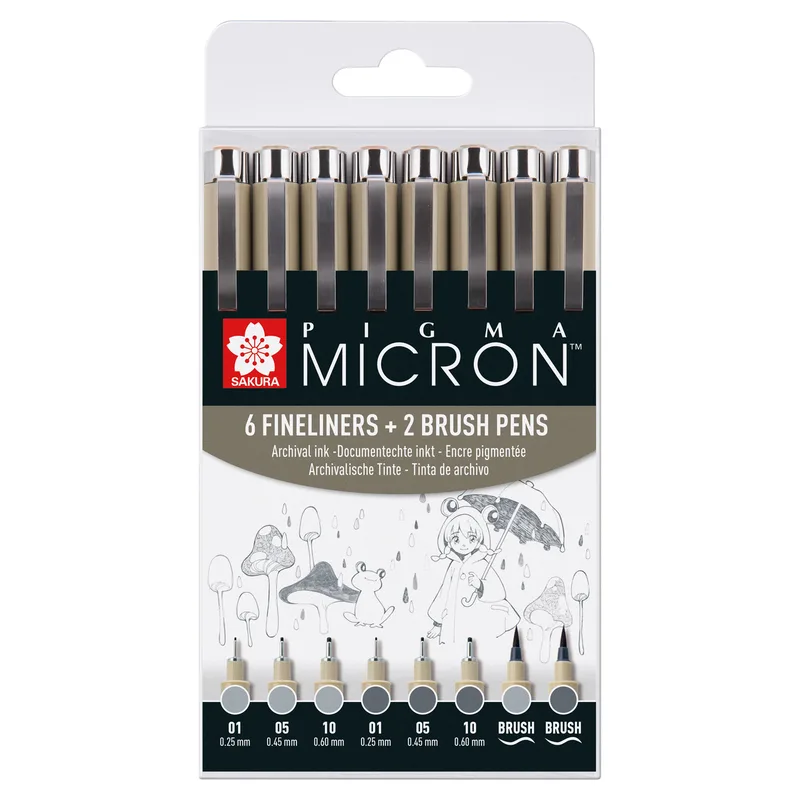 Fineliner sakura pm 6 breedtes en 2 brushpen grijs | 6 stuks van Sakura – productfoto