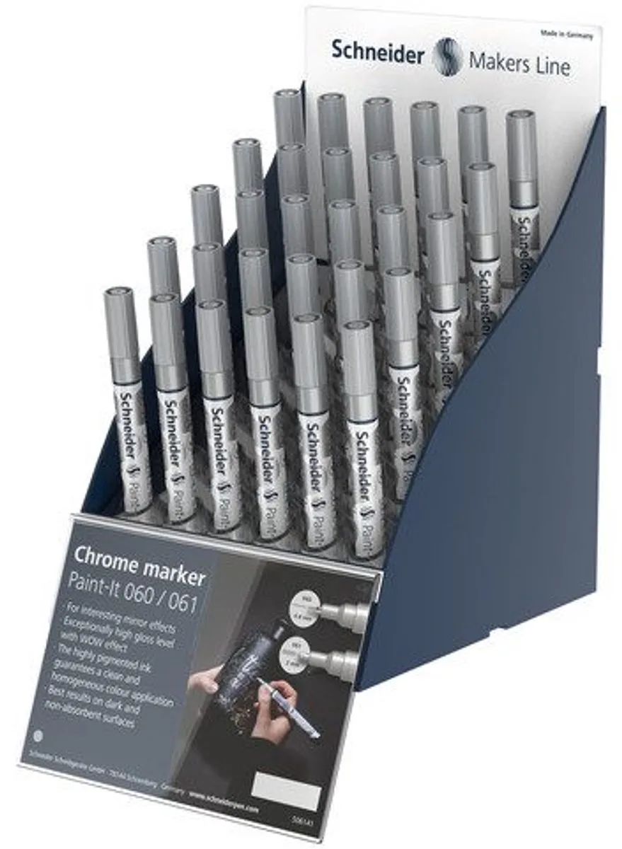 Chrome marker Schneider Paint-it 060/061 SIS display 30 stuks 0.8 en 2mm Engels från Schneider i Silver – produktbild