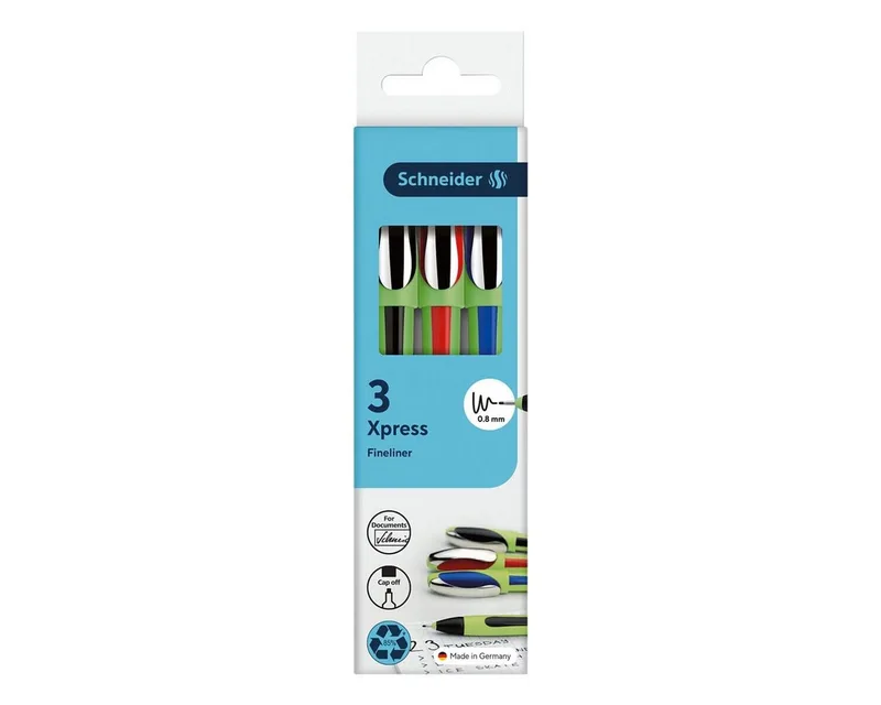Fineliner XPress, (3-tlg), dokumentenecht, mit Kappe van Schneider in Blauw, Meerkleurig, Rood, Zwart – productfoto
