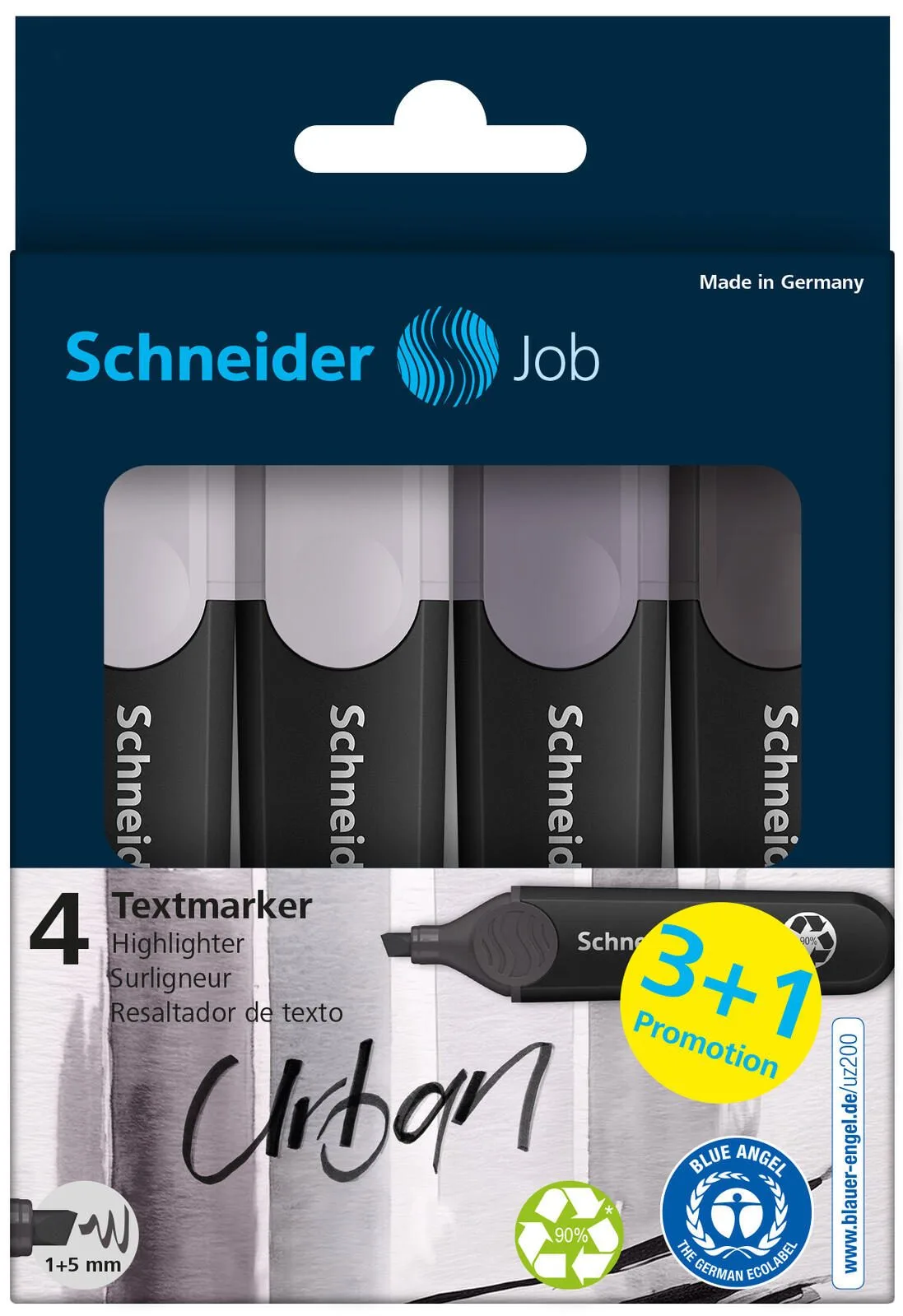 Job Textmarker schwarz 1.0 - 5.0 mm Schreibfarbe: Mehrfarbig, 3 St. + GRATIS 1 St. van Schneider – productfoto