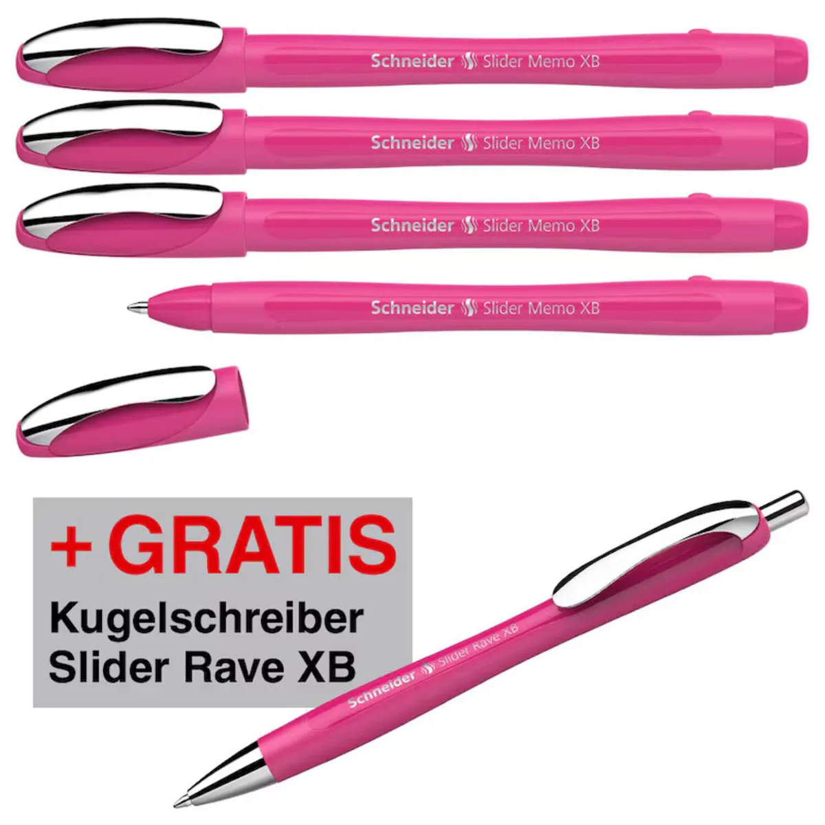 Slider Memo Kugelschreiber pink 0.7 mm Schreibfarbe: Blau, 4 St. + GRATIS 1 Schneider Slider Rave XB pink fra Schneider – produktbillede