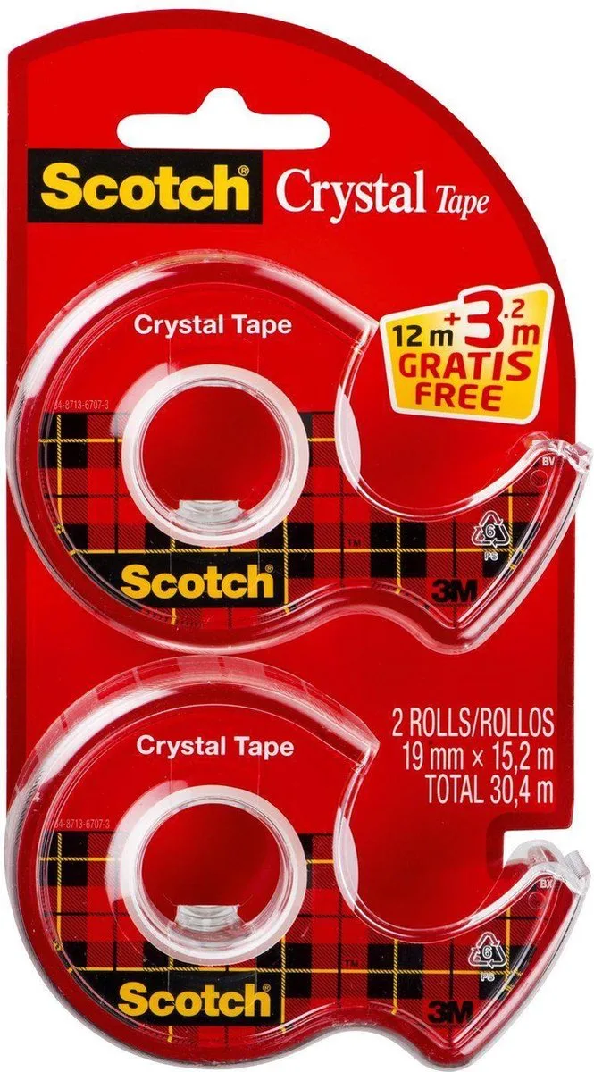 Crystal Clear tape in dispenser, 19 mm x 12 m + 3.2 m, 2 rollen GRATIS von Scotch in Kleurloos – Produktfoto