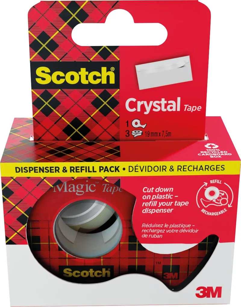 Crystal Tape plakband ft 19 mm x 7,5 m, dispenser + 3 rolletjes, ophangbaar doosje de Scotch – photo produit