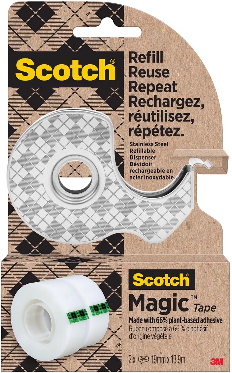 duurzame dispenser uit RVS, met 2 rolletjes Scotch Magic Tape ft 19 mm x 13,9 m by Scotch – product photo