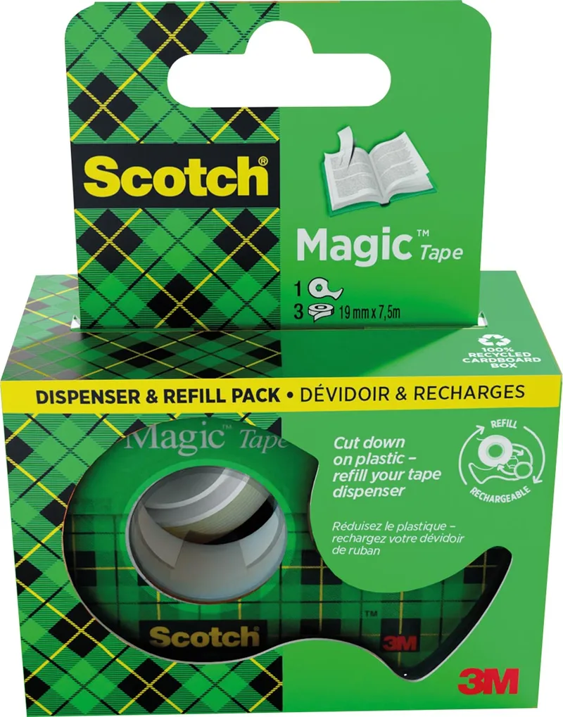 Magic Tape plakband ft 19 mm x 7,5 m, dispenser + 3 rolletjes, ophangbaar doosje van Scotch – productfoto