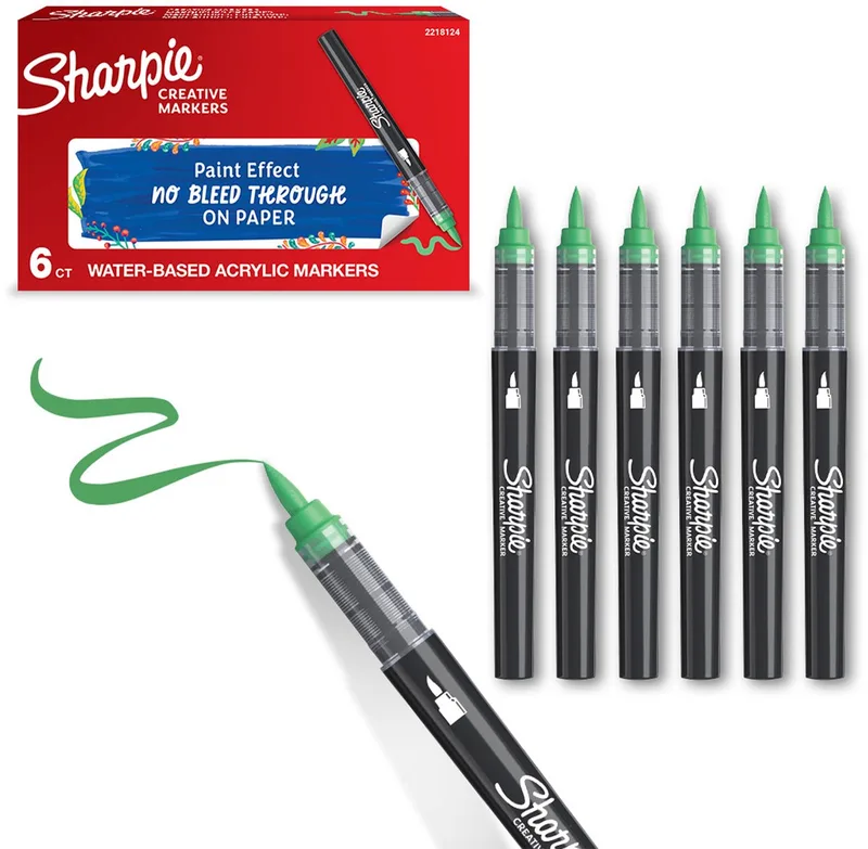 Creative Marker Acrylverfmarkers | Brushtip | Verfmarkers op waterbasis | Inkt loopt niet door en geschikt voor de meeste oppervlakken | 6 stuks van Sharpie in Groen – productfoto
