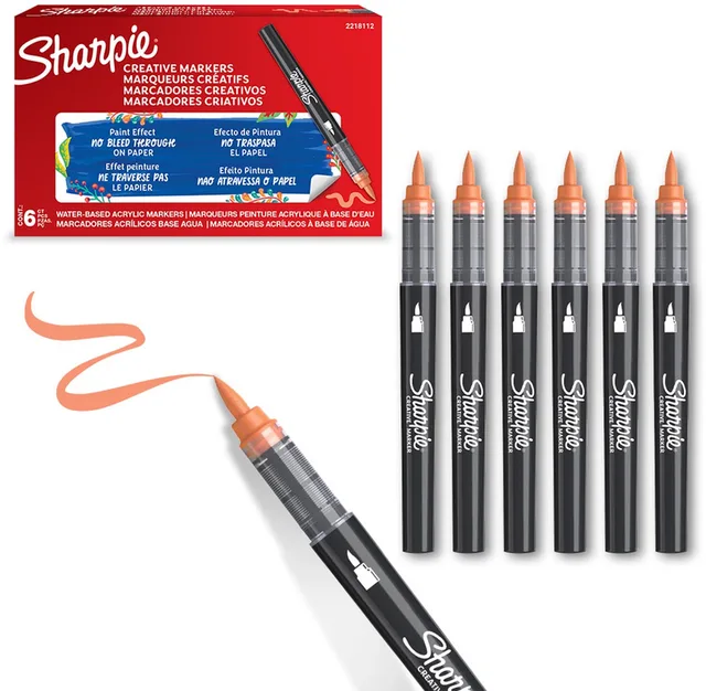 Creative Marker Acrylverfmarkers | Brushtip | Verfmarkers op waterbasis | Inkt loopt niet door en geschikt voor de meeste oppervlakken | Oranje | 6 stuks