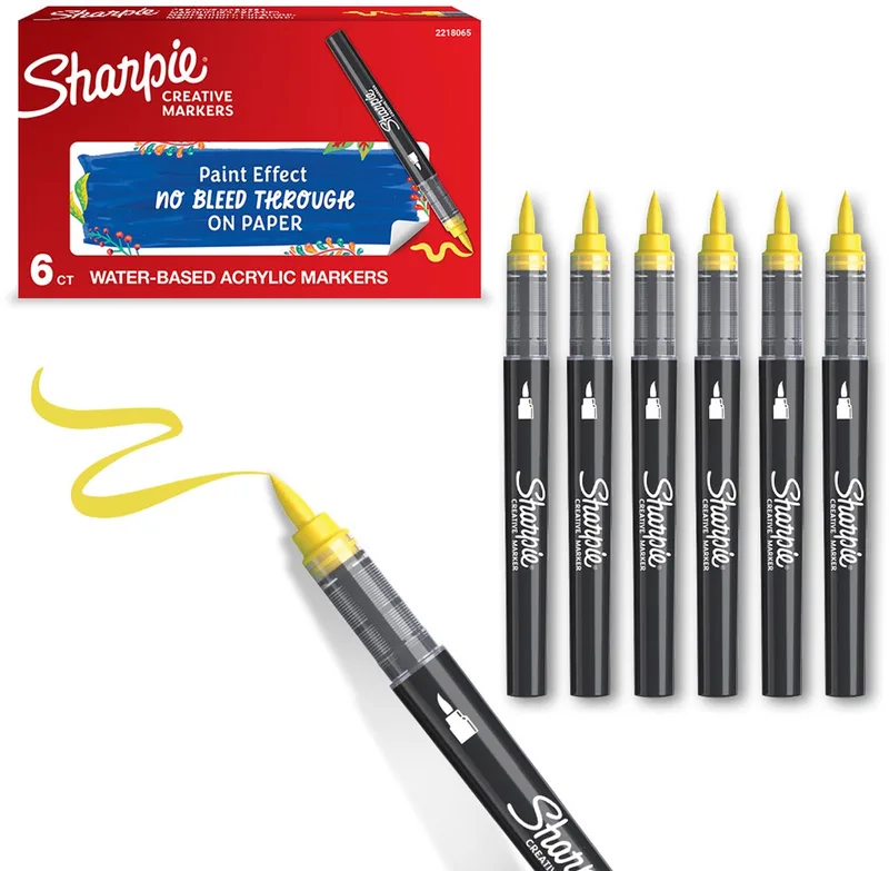 Creative Marker Acrylverfmarkers | Brushtip | Verfmarkers op waterbasis | Inkt loopt niet door en geschikt voor de meeste oppervlakken | 6 stuks van Sharpie in Geel – productfoto