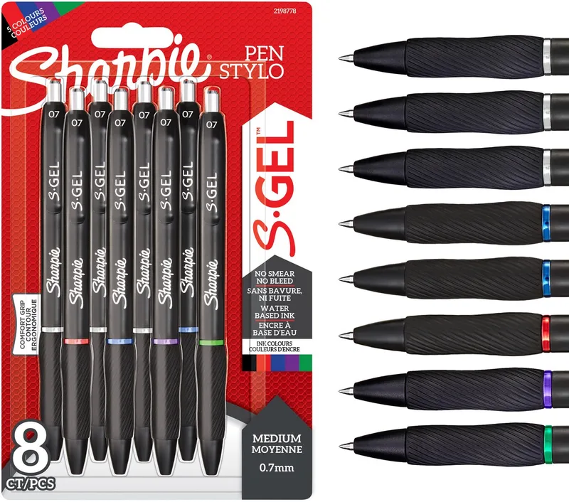 S-Gel | Gelpennen | Medium punt (0,7 mm) | Diverse kleuren | 8 stuks de Sharpie en Noir – photo produit