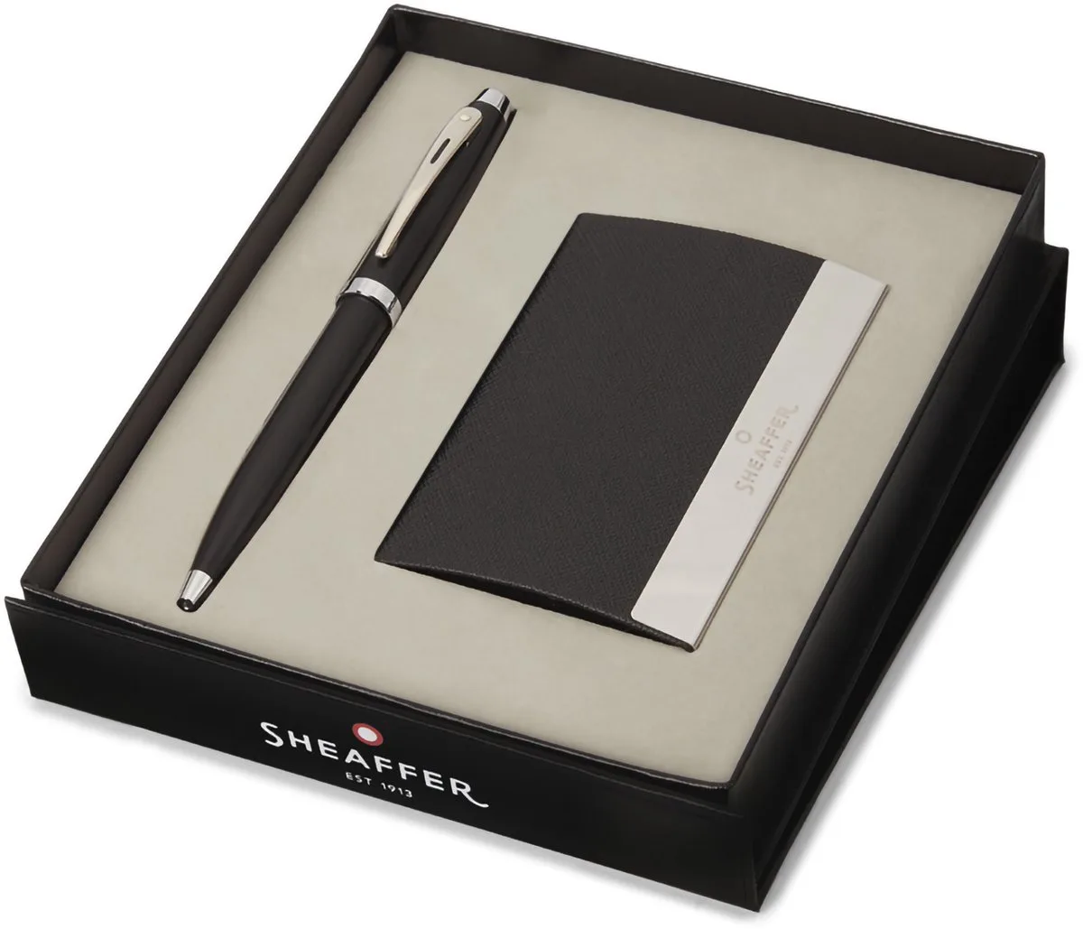 Balpen Giftset - 100/G9317 - matt black nickel plated - met visitekaarthouder van Sheaffer in Mat Zwart – productfoto